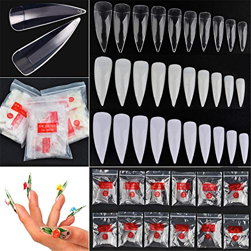 NiceMeet 500 Piezas Largo Puntas de Uñas Postizas de Stiletto de Transparente - Artificial de Acrílico de Falso Uñas Clavo Para Familia de Bricolaje o Uso Profesional del Salón - Flase Nails