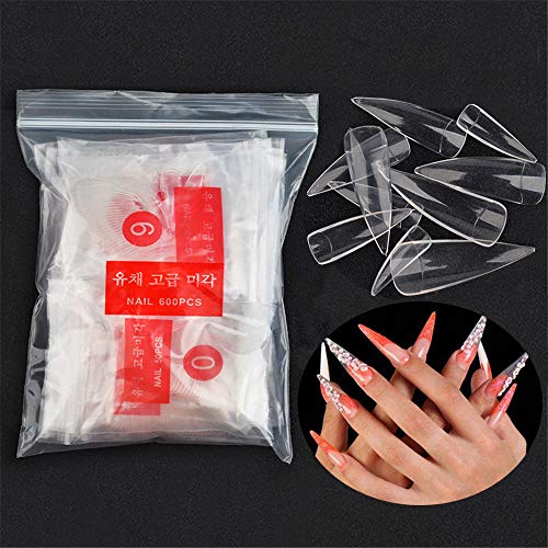 NiceMeet 500 Piezas Largo Puntas de Uñas Postizas de Stiletto de Transparente - Artificial de Acrílico de Falso Uñas Clavo Para Familia de Bricolaje o Uso Profesional del Salón - Flase Nails