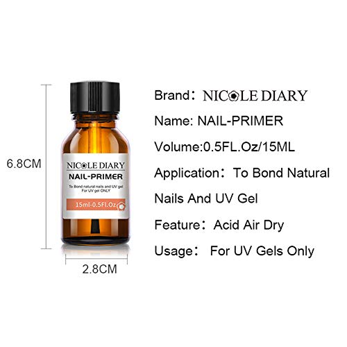 NICOLE DIARY Imprimación de deshidratado y adhesivo de preparación de uñas natural profesional, enlace de proteína de uñas, imprimación de unión superior para geles acrílicos y UV