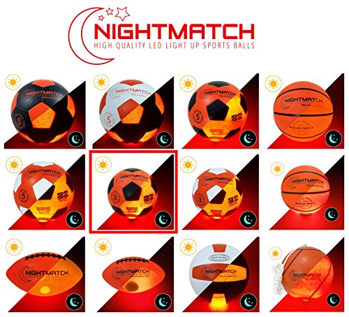 NIGHTMATCH Balón de Fútbol Ilumina Incl. Bomba de balón - LED Interior se Enciende Cuando se patea – Brilla en la Oscuridad - Tamaño 3 - Tamaño y Peso Oficial Naranja/Negro