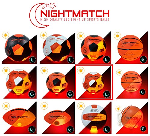 NIGHTMATCH Balón de Fútbol Ilumina Incl. Bomba de balón - LED Interior se Enciende Cuando se patea – Brilla en la Oscuridad - Tamaño 3 - Tamaño y Peso Oficial Naranja/Blanco