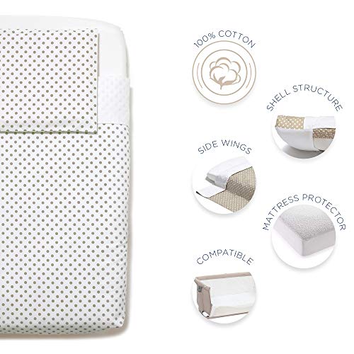 Niimo Sabanas para Next to me set 3 piezas100% algodón +1 Protector Colchon Impermeable para cuna de colecho Lullago Kinderkraft UNO Cullami Cam Jane Babyside dimensiones 50x83 (Blanco-Pois Gris)