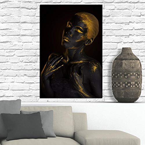NIMCG Cuadro de Arte de Pared Cartel Moderno Negro Oro Maquillaje Papel Pintado Lienzo para Sala de Estar decoración del hogar (sin Marco) 30x45 cm