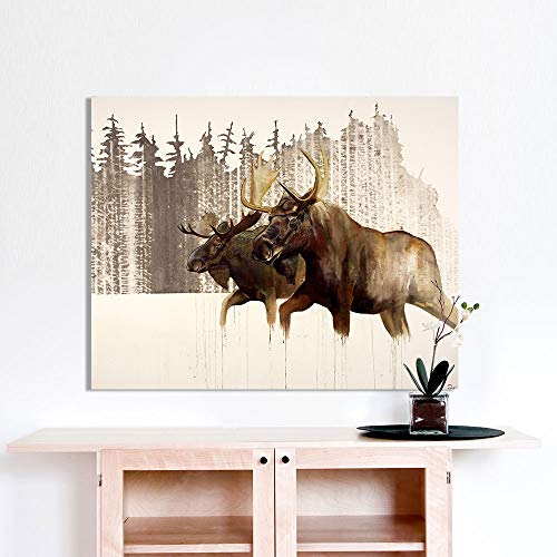 NIMCG Impresiones abstractas del Arte de la Pared Dos imágenes de Lienzo de Vaca Corriendo Pintura de Alces Animales Bosque para la decoración del hogar de la Sala de Estar (sin Marco) 40x50 cm