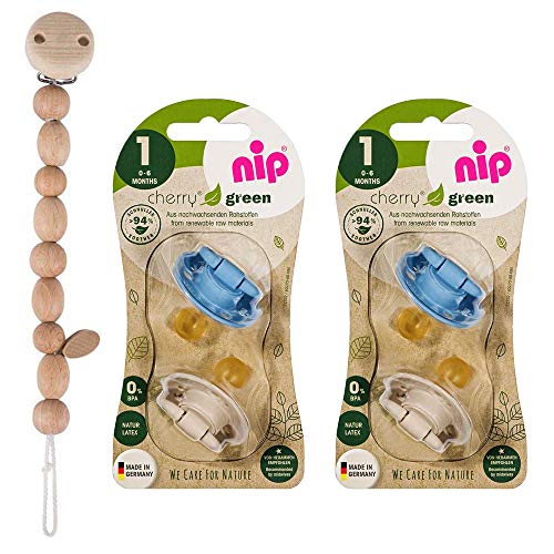 Nip Cherry - Chupetes redondos para recién nacido, 4 unidades, talla 1, 0 – 6 meses, incluye cadena para chupete de madera.