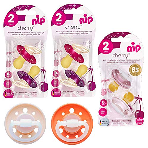 Nip Cherry redondo Aspiradora Chupete//8 unidades Girl Set//Talla 2//látex natural//6 + meses//Crema & Rosa + Morado & Rojo