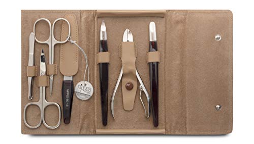 Nippes Solingen Seam - Set de manicura (7 piezas, estuche de piel de vacuno con botón de presión, Nippes Premium Line), color beige
