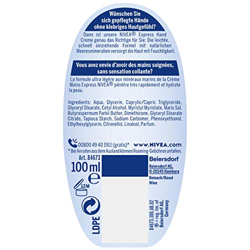 Nivea Express Care - Crema de manos, 100 ml, 1 unidad