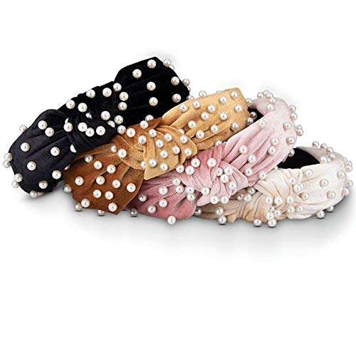 Noblik Diademas De Perlas para Mujeres 4PCS Anchas De Terciopelo Nudo Cruzado De Turbante Diadema De Aro De Pelo Lindo para Ni？As Adulto Adornos De Fiesta De Navidad De Halloween Cabello