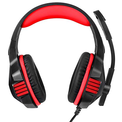 NOCTIC - Auriculares para juegos, control de volumen para PC, smartphone para PS4, Xbox One, Nintendo Switch, cancelación de ruido, auriculares con micrófono, color negro y rojo