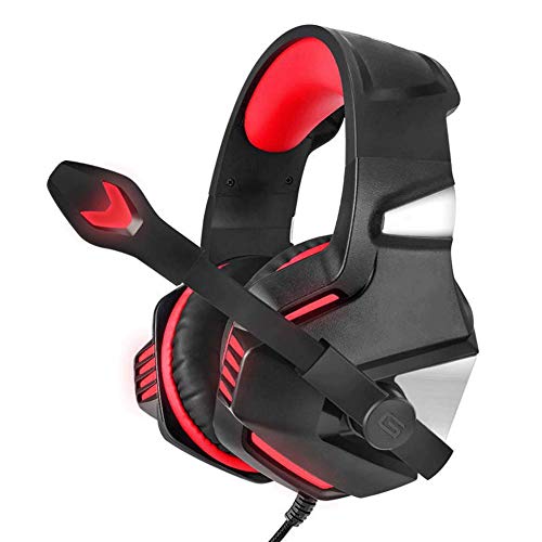 NOCTIC - Auriculares para juegos, control de volumen para PC, smartphone para PS4, Xbox One, Nintendo Switch, cancelación de ruido, auriculares con micrófono, color negro y rojo