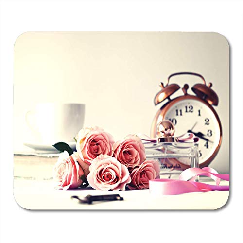 Not Applicable Alfombrillas de ratón Chic Blue Perfume Vintage Still Life Roses Pink Paris Alfombrilla de ratón para portátiles, Alfombrillas de Escritorio Material de Oficina