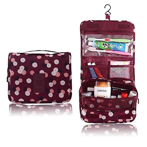 NOVAGO Bolsa de aseo / Organizador especialmente concebido para los viajes, el maquillaje y artículos de higiene personal - tamaño L (de lunares / Azul oscuro) (granate)