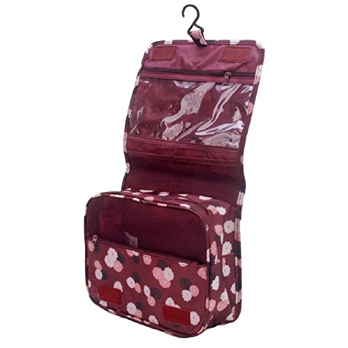 NOVAGO Bolsa de aseo / Organizador especialmente concebido para los viajes, el maquillaje y artículos de higiene personal - tamaño L (de lunares / Azul oscuro) (granate)