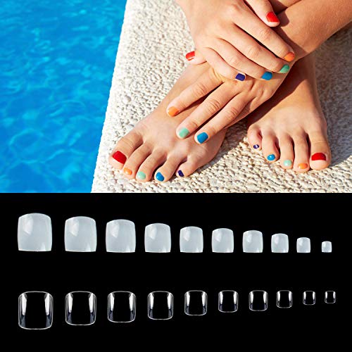 Noverlife Juego de 1000 puntas de uñas postizas para uñas de pie postizas para bricolaje y diseño de uñas y salones de manicura, color natural + transparente, 10 tamaños