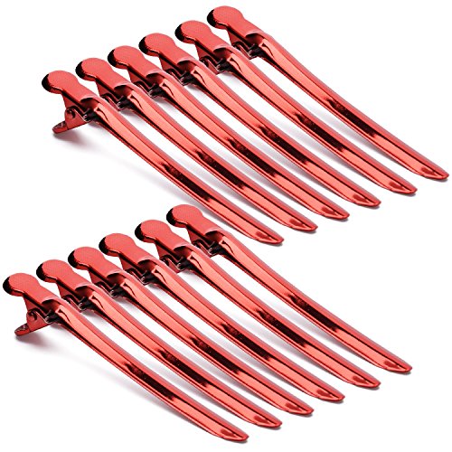 Noverlife Pinzas de pelo de pico de pato de metal, seccionador profesional de cocodrilo Barrette Pinzas de agarre para el cabello rojo Salon Barber Herramientas de peluquería para mujeres -12 piezas
