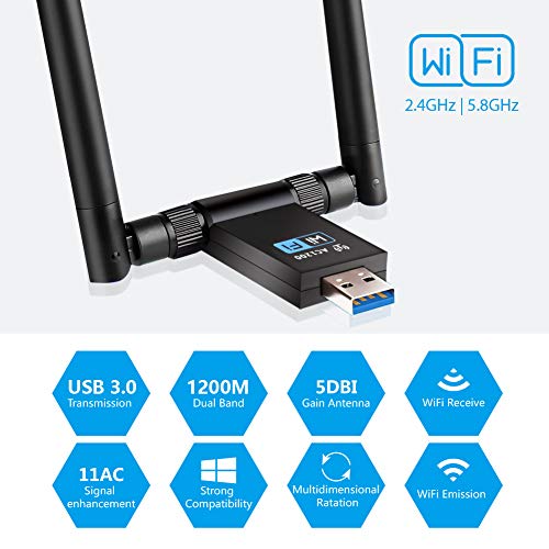 N/P Adaptador WiFi USB 3.0 Dongle Receptor Inalámbrico 1200Mbps Doble Banda 5GHz/867Mbps 2.4GHz/300Mbps Dual Antena 5dBi para PC/Desktop/Laptop Windows XP/Vista/7/8/10 Linux Mac OS