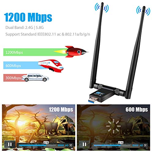 N/P Adaptador WiFi USB 3.0 Dongle Receptor Inalámbrico 1200Mbps Doble Banda 5GHz/867Mbps 2.4GHz/300Mbps Dual Antena 5dBi para PC/Desktop/Laptop Windows XP/Vista/7/8/10 Linux Mac OS