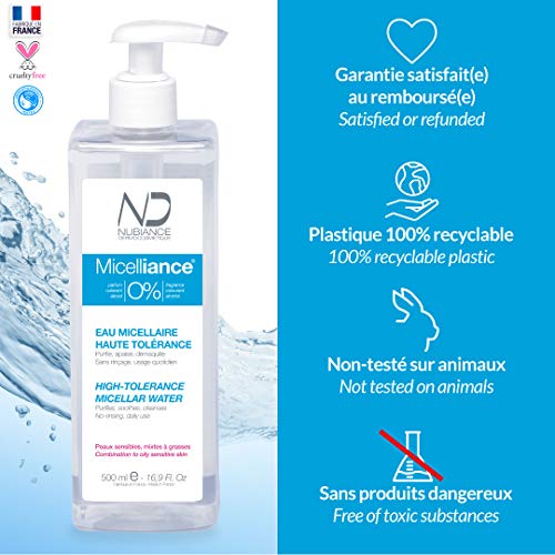 NUBIANCE - Agua Micelar Purificante, Express 3 en 1, Alta Tolerancia, Gran Formato 500ml Miceliancia 0%. Piel Sensible, Mixta a Grasa, 500ml, Limpia Impurezas, Exceso de Sebo, Desmaquillante