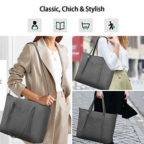 NUBILY Bolsos Universidad Mujer Grande para Ordenador Portátil 15.6 Pulgadas Impermeable Bolso Shopper PU Piel Bolsos de Mujer Bandolera Bolsa Tote Cuero Gris
