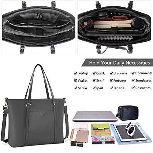NUBILY Bolsos Universidad Mujer Grande para Ordenador Portátil 15.6 Pulgadas Impermeable Bolso Shopper PU Piel Bolsos de Mujer Bandolera Bolsa Tote Cuero Gris