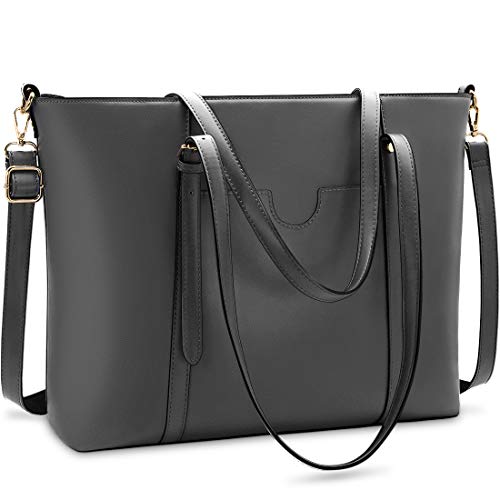 NUBILY Bolsos Universidad Mujer Grande para Ordenador Portátil 15.6 Pulgadas Impermeable Bolso Shopper PU Piel Bolsos de Mujer Bandolera Bolsa Tote Cuero Gris