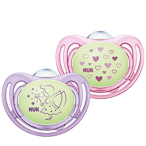 NUK - Chupete de silicona para la mandíbula, de 0 a 6 meses, color lila y rosa, 2 unidades