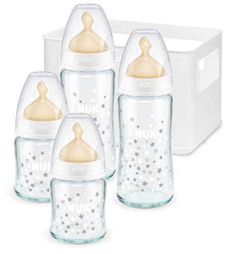 NUK First Choice Plus Starter Set, 4 Baby botellas con aspiradores de hidratacion y caja para botellas, 0-6 meses, modelos surtidos
