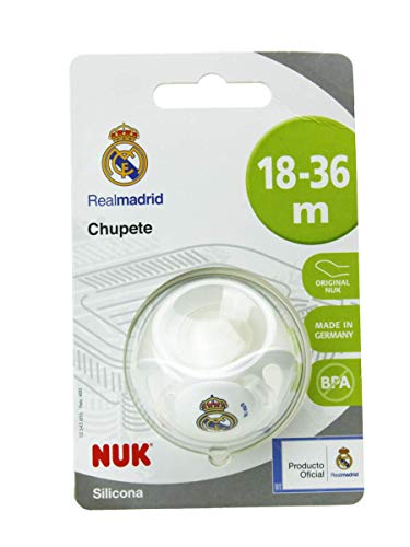 NUK Genius, Chupete del Real Madrid para Bebé de Silicona con Tetina Anatómica en Forma de Pezón Materno, Color Blanco, 18 a 36 meses.