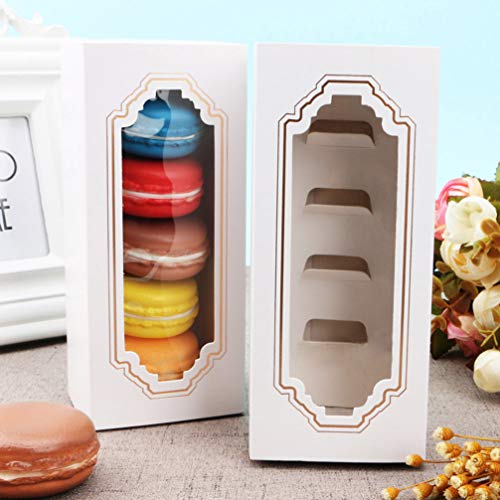 NUOBESTY Cajas de Macaron de 12 Piezas Contenedores de Macarons Manga Blanca con Ventana Transparente para 5 Macarons Contenedor de Papel de Pastel para Regalar (Tamaño S 5 Cavidades)
