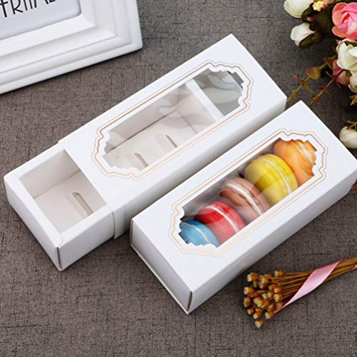 NUOBESTY Cajas de Macaron de 12 Piezas Contenedores de Macarons Manga Blanca con Ventana Transparente para 5 Macarons Contenedor de Papel de Pastel para Regalar (Tamaño S 5 Cavidades)