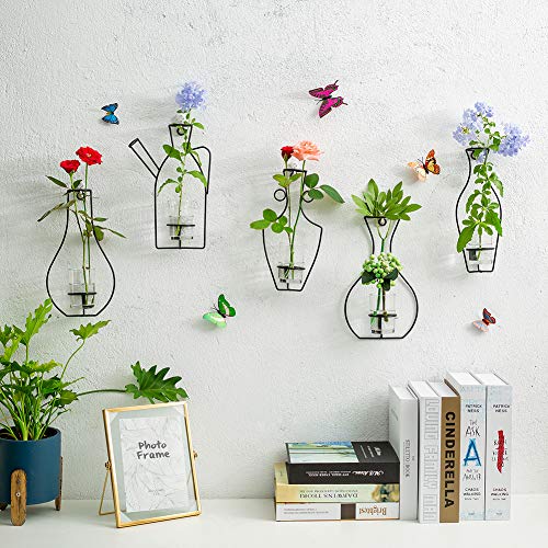 Nuptio Juego de 5 Contenedores para Macetas Colgantes de Pared con Jarrones Copa de Vidrio, Soporte de Metal de Hierro para la Decoración de Arreglos Florales de Siembra de Agua, Regalo para la Boda