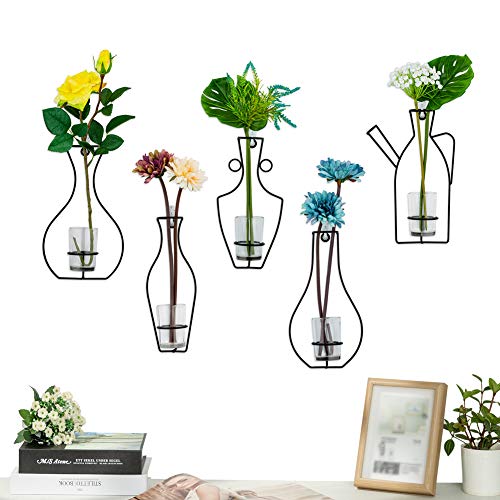 Nuptio Juego de 5 Contenedores para Macetas Colgantes de Pared con Jarrones Copa de Vidrio, Soporte de Metal de Hierro para la Decoración de Arreglos Florales de Siembra de Agua, Regalo para la Boda