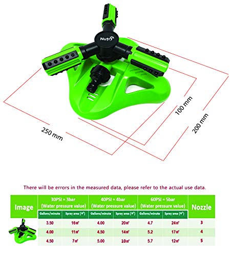 Nutri Nuts - Aspersor de agua ajustable para áreas de césped automático, 360 grados, sistema de rociadores giratorios de 3 brazos (1 aspersor y 6 conectores cinta de teflón)