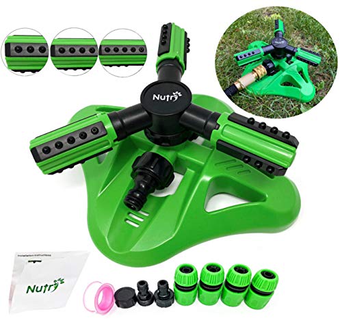 Nutri Nuts - Aspersor de agua ajustable para áreas de césped automático, 360 grados, sistema de rociadores giratorios de 3 brazos (1 aspersor y 6 conectores cinta de teflón)