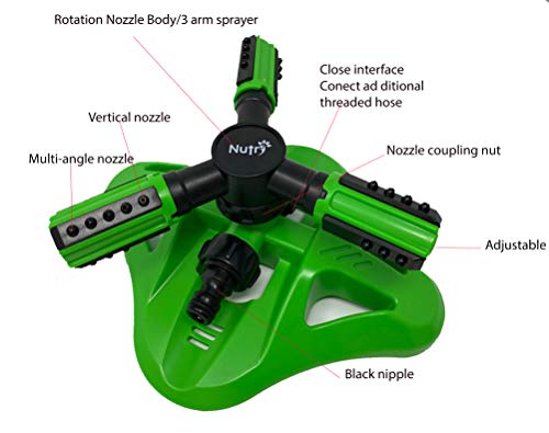 Nutri Nuts - Aspersor de agua ajustable para áreas de césped automático, 360 grados, sistema de rociadores giratorios de 3 brazos (1 aspersor y 6 conectores cinta de teflón)
