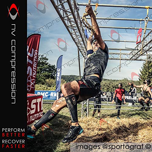 NV Compression 365 Calentadores de pantorrilla de compresión Negros - Compression Calf Sleeves - Black - For Sports Recovery, Work, Flight - Running, Cycling, Soccer, Rugby, Fitness, Gym, Golf, Tennis, Triathlon (Negro/Rojo, Large)