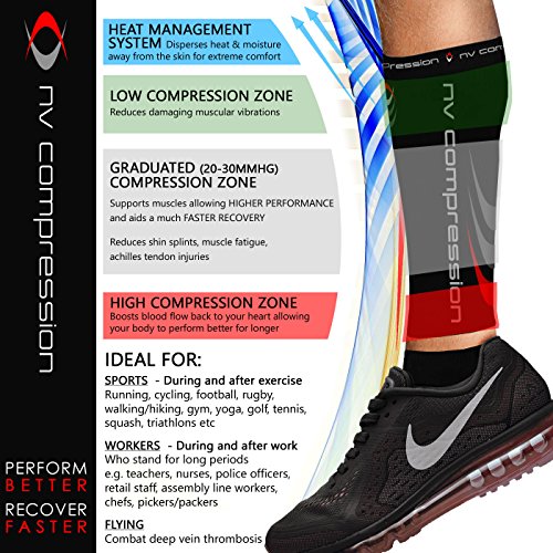 NV Compression 365 Calentadores de pantorrilla de compresión Negros - Compression Calf Sleeves - Black - For Sports Recovery, Work, Flight - Running, Cycling, Soccer, Rugby, Fitness, Gym, Golf, Tennis, Triathlon (Negro/Rojo, Large)