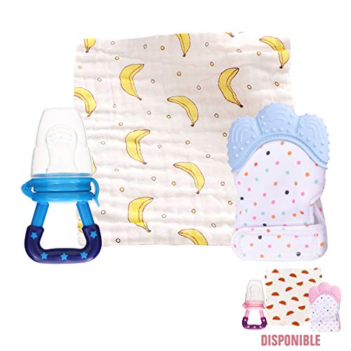 O³ Guante Dentición Bebé Lola Kids + 1 Gasas Bebe Algodon Muselina + 1 Chupete Fruta – 2 Versiones | Guante Mordedor Bebé – Ayuda La Dentición – Protege Las Manos – Mordedor Bebes Frio – Niño