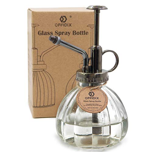 OFFIDIX Botella de Spray de Riego de Vidrio Transparente Spritzer de Estilo Vintage de 6,3 Pulgadas Alto con Bomba de Plástico de Bronce una Botella de Spray de Vidrio de Riego de una Mano para Jar
