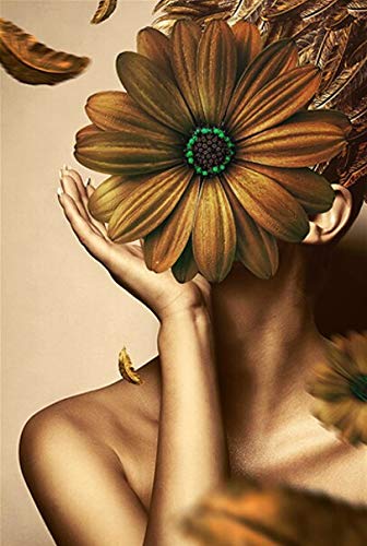 oioiu Impresión de la Pintura al óleo del Cartel de la Belleza de la Moda con la Mano de la Pluma Dorada Que sostiene la Imagen de la Pared de la Frente para la Sala de Estar sin Marco