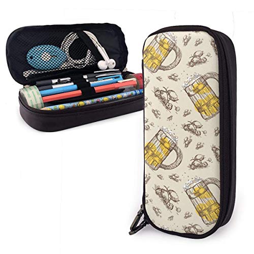 Oktoberfest Festival Holiday Beers Mug Patrón Pu Cuero Estuche de lápices Bolso de pluma Alta capacidad Doble cremallera Bolsa de maquillaje Bolsa de monedas
