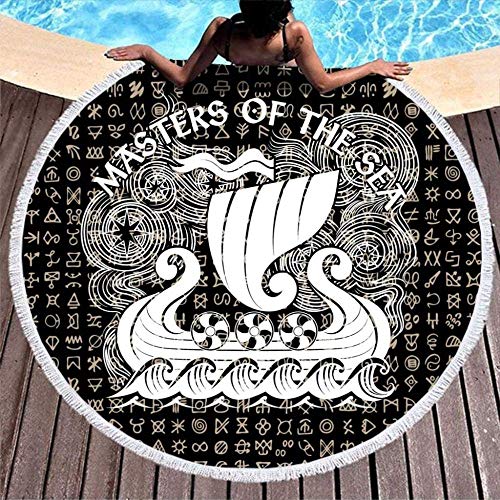 Olie Cam Toalla de Playa Redonda, Ultra Suave con borlas, Antiguo Scandin Ship Drakkar, Estampado de Tatuajes, Bonito Fleco Redondo, Tiro de Playa, Pareo Pareo