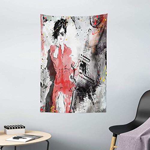 onepicebest Paris Tapestry, Modern Parisienne French Fashion Lady Woman on Complex Grunge Background Modern, Wall Hanging for Bedroom Living Room Dorm Decor, 130 X 150 CM, Coral Grey