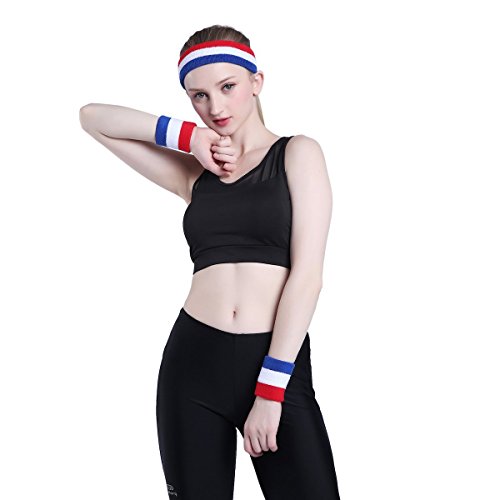 OnUpgo Diadema Deportiva muñequeras de Sudadera de Rizo con Rayas para la Cabeza/muñequera Set Athletic Ejercicio Baloncesto Diademas Absorbe la Humedad Sudor Banda de Sudor, WRIS2 - Blue