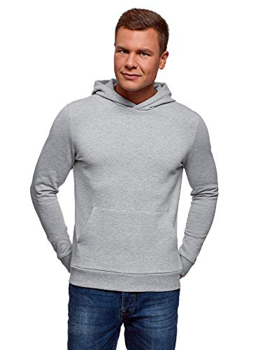 oodji Ultra Hombre Sudadera Básica con Capucha y Bolsillo, Gris, ES 46-48 / S