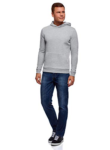 oodji Ultra Hombre Sudadera Básica con Capucha y Bolsillo, Gris, ES 46-48 / S