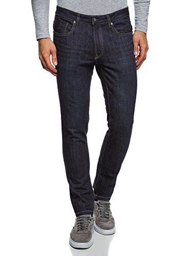 oodji Ultra Hombre Vaqueros Slim con Puntadas en los Bolsillos, Azul, 31W / 34L