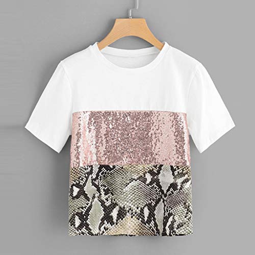 OPAKY Moda para Mujer Patchwork Estampado de Leopardo Manga de Lentejuelas Camiseta Blusa Informal Camiseta Mangas de Corto para Mujer con Lentejuelas Doble Cara Holgada con Brillo para Mujer