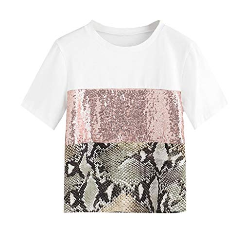 OPAKY Moda para Mujer Patchwork Estampado de Leopardo Manga de Lentejuelas Camiseta Blusa Informal Camiseta Mangas de Corto para Mujer con Lentejuelas Doble Cara Holgada con Brillo para Mujer